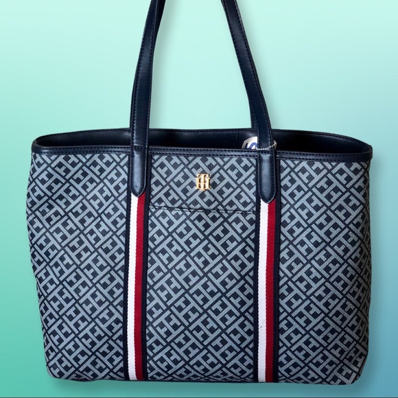 TOMMY HILFIGER WOMEN'S TOTE - NAVY BLUE LOGO w/RWB STRIPES New FREE SHIP - Picture 3 of 9